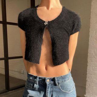 Flower Button Fluffy Short Sleeve Top