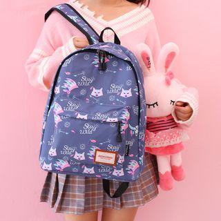 Printed Zip Backpack Fox - Grayish Blue - One Size