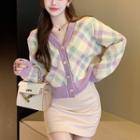 Argyle Loose-fit Cropped Cardigan Purple - One Size
