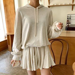 Set: Hooded Drop-shoulder Sweatshirt + Inset Shorts Mini Skirt