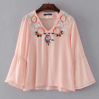 Long-sleeve Embroidery V-neck Top