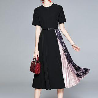 Printed Panel Pleated Midi A-line Dress
