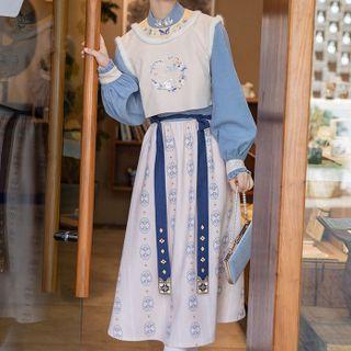 Traditional Chinese Long-sleeve Embroidered Midi A-line Dress