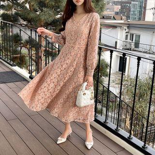 V-neck Lace Long Flare Dress