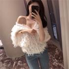 Short-sleeve V-neck Mesh Blouse Almond Beige - One Size