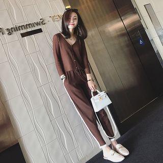 Set: Long-sleeve Knit Cardigan + Striped Side Sweatpants