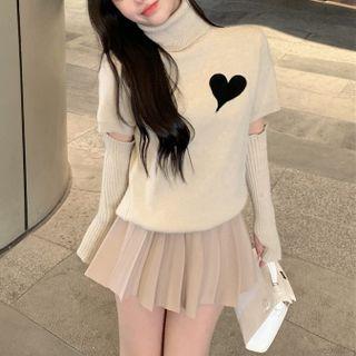 Set: Short-sleeve Turtleneck Heart Print Knit Sweater + Arm Sleeves