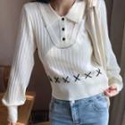 Mock Two-piece Polo-neck Ribbed Sweater White - M