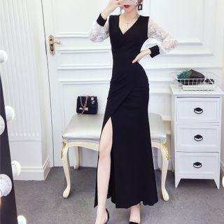 Lace Panel Long-sleeve Slit Maxi Sheath Dress