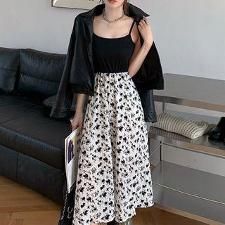 Faux Leather Button-up Jacket / Spaghetti Strap Dress