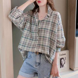 Plaid Long-sleeve Shirt Plaid - Bluish Green - One Size
