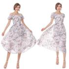 Cap-sleeve Floral Gather-waist Midi Dress