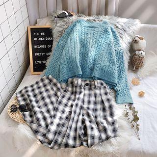 Set: Cable Knit Sweater + Plaid Wide Leg Pants
