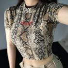 Short-sleeve Mock Neck Snake Skin Print Cropped T-shirt