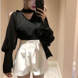 Lantern-sleeve Cutout Chiffon Top / Wide Leg Shorts