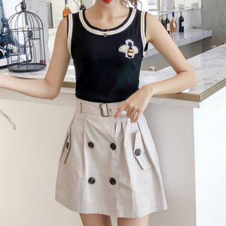 Set: Bee Applique Tank Top + Double-breasted A-line Skirt