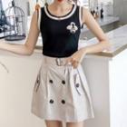 Set: Bee Applique Tank Top + Double-breasted A-line Skirt
