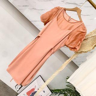 Set : Short-sleeve Plain Top + Plain Sleeveless Dress