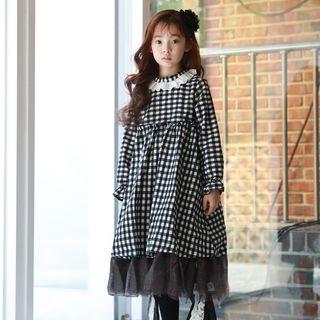 Family Matching Lace Trim Mesh Hem Check Dress