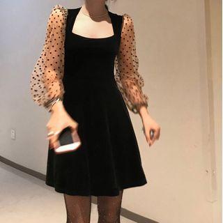 Long-sleeve Polka Dot Sheer Panel Velvet Dress