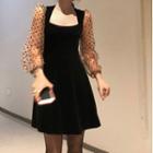 Long-sleeve Polka Dot Sheer Panel Velvet Dress