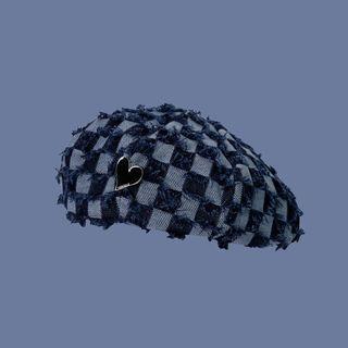 Heart Checker Beret Hat Dark Blue - M
