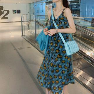 Spaghetti Strap Shirred Printed Midi A-line Dress