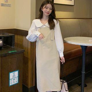 Long-sleeve Peter Pan-collar Blouse / Midi Overall Dress