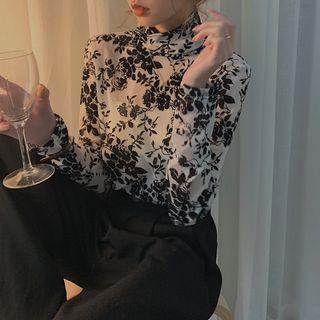 Long-sleeve Turtleneck Floral Print Top Black - One Size