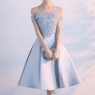 Crochet Panel Off-shoulder Short-sleeve Cocktail Dress