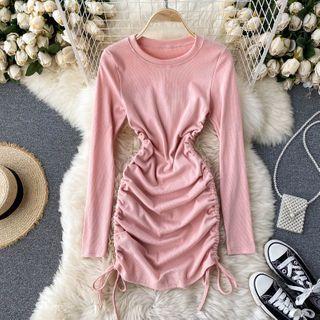 Long-sleeve Round-neck Drawstring Ruched Dress