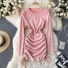 Long-sleeve Round-neck Drawstring Ruched Dress
