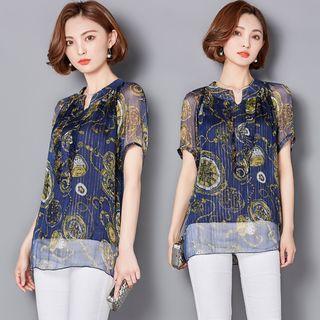 Patterned Short Sleeve Chiffon Shirt