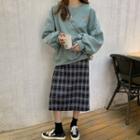 Lantern-sleeve Sweatshirt / Plaid Midi Pencil Skirt
