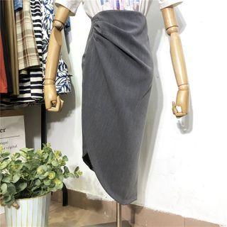 Plain Asymmetric Hem Midi Straight-fit Skirt