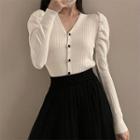 V-neck Plain Cropped Cardigan White - One Size
