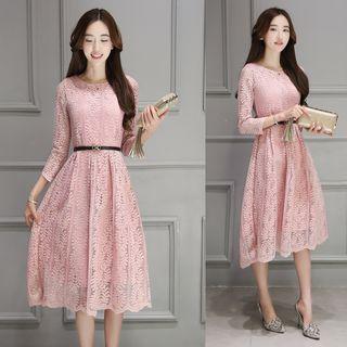 Belted 3/4-sleeve A-line Lace Dress