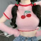 Short-sleeve Cherry Print Knit Crop Top / Ribbed Knit Arm Sleeves