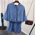 Denim Elbow Sleeve Playsuit Blue - One Size