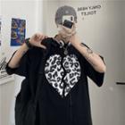 Elbow-sleeve Leopard Heart Print T-shirt