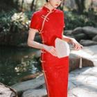 Short-sleeve Floral Print Lace Midi Qipao