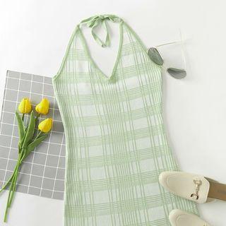 Halter-neck Plaid Mini Knit Dress