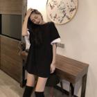 Elbow-sleeve Mock Two-piece Long T-shirt Black - One Size