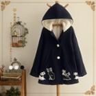 Fleece-lining Cat Print Hooded Cape Navy Blue - One Size