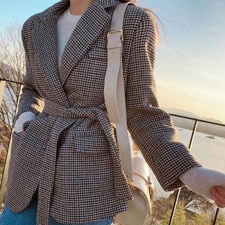 Houndstooth Wool Blend Blazer With Sash