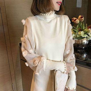 Long-sleeve Mock Neck Pom Pom Accent A-line Knit Dress