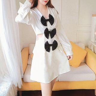 Long-sleeve Bow Cutout A-line Dress