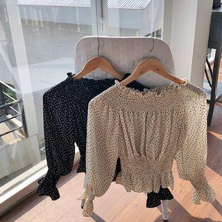Off-shoulder Smock-trim Dotted Top