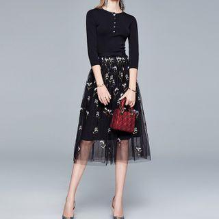 Set: Henley Knit Top + Floral Embroidered Midi Mesh Skirt