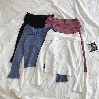 Plain Off-shoulder Slim-fit Flare-sleeve Knit Top